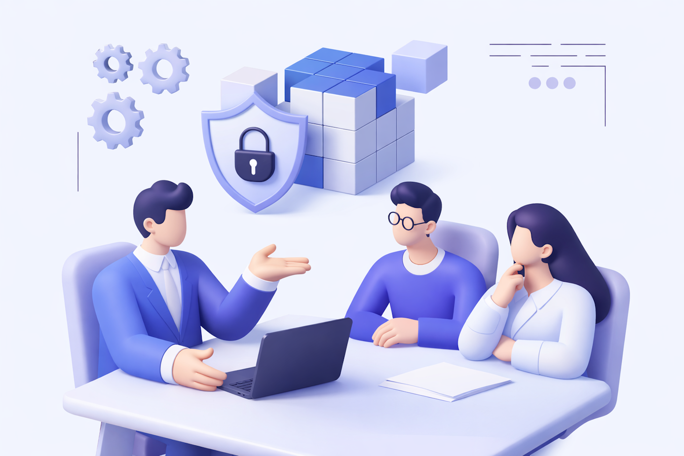 Un team di sviluppo blockchain che discute con un cliente della sicurezza dei contratti intelligenti e dell'architettura del libro mastro distribuito.