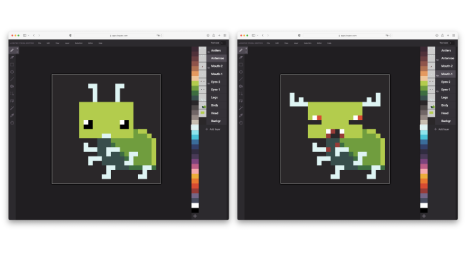 All the features of the character are on different layers. On the left, the bug has cute eyes and a mouth.