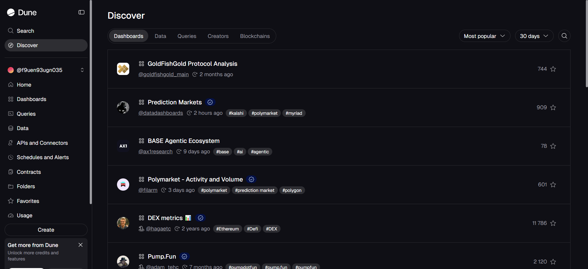 Dune Analytics Откройте для себя страницу с созданными сообществом блокчейн-панелями для индивидуального исследования данных в цепочке.