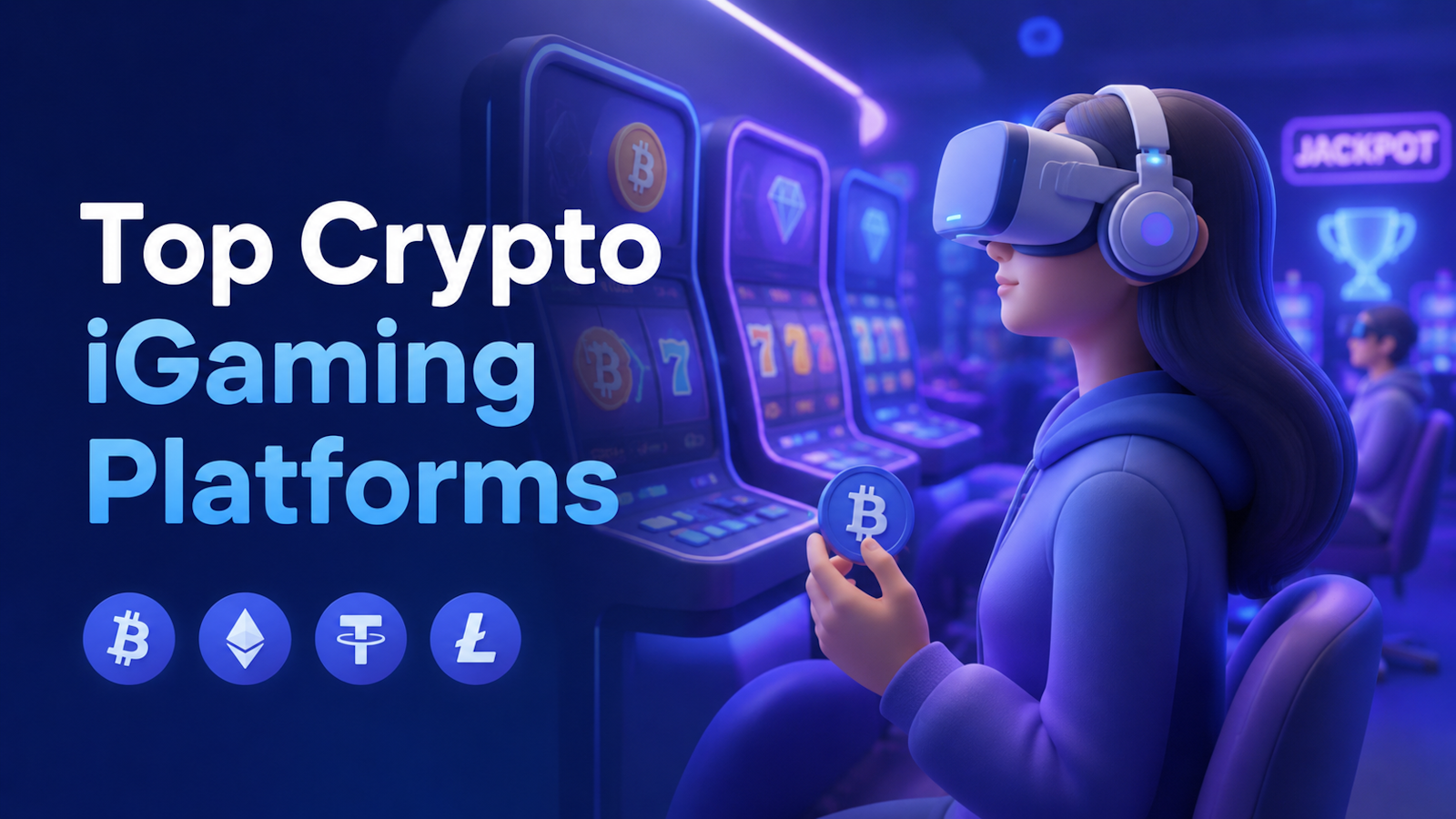 Woman in a VR headset at a crypto slot machine, with Bitcoin, Ethereum, USDT, and Litecoin icons beside the title 