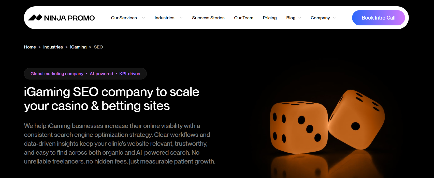 Screenshot of Ninja Promo's iGaming SEO landing page hero, featuring the headline 'iGaming SEO company to scale your casino & betting sites' and a dice illustration.
