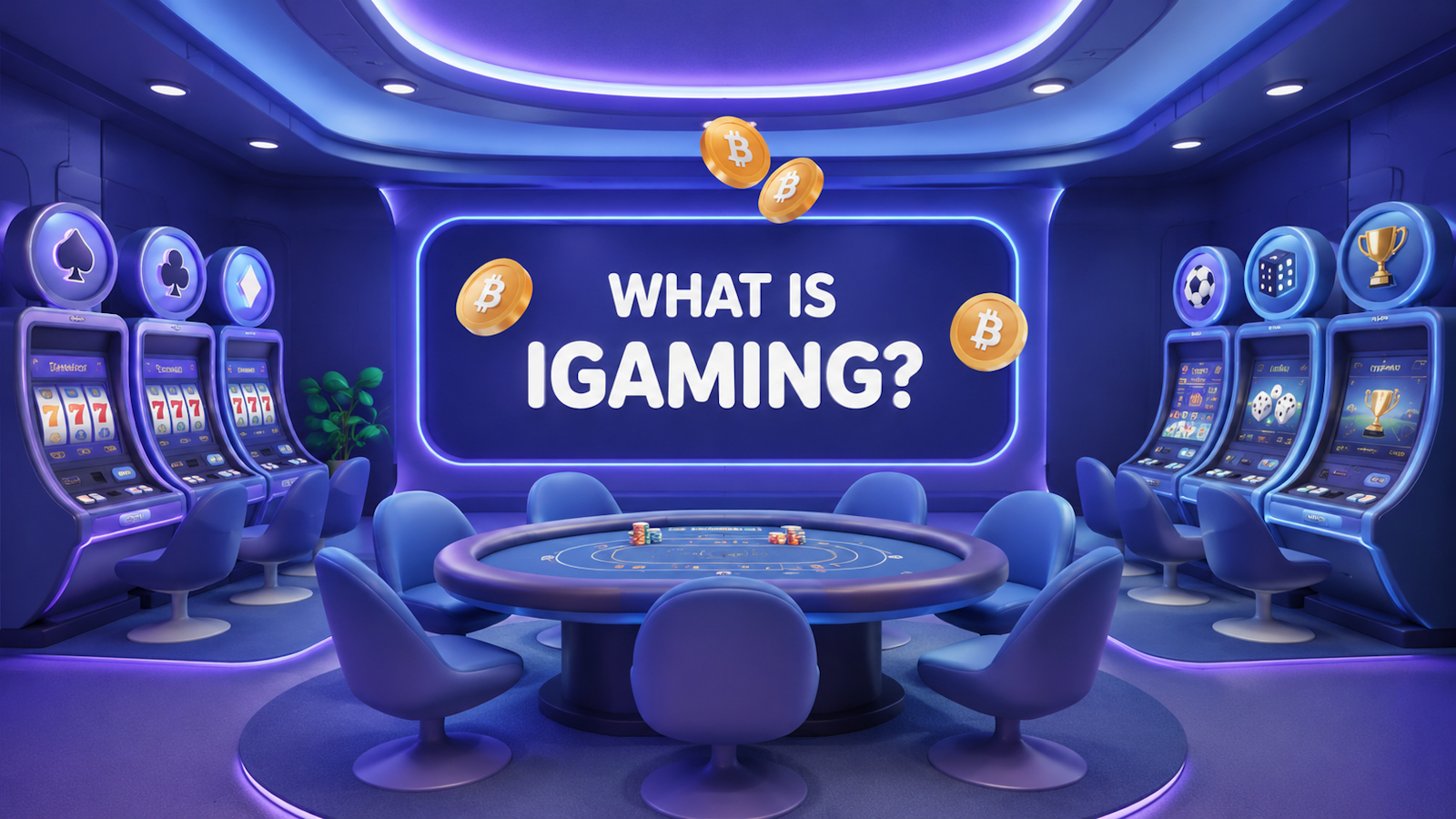 Neon-lit illustration of an online casino floor with slot machines, a poker table, and sports-betting icons around a 