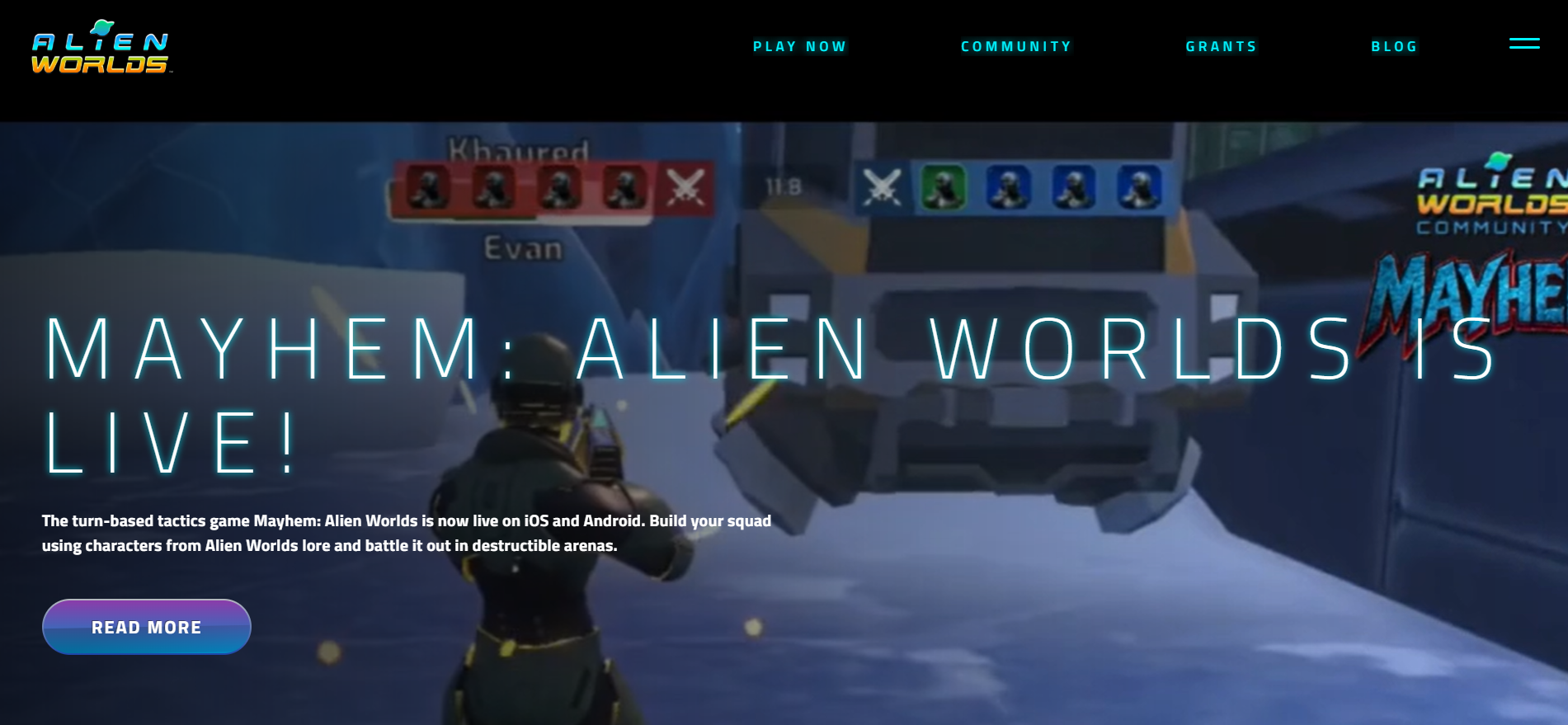 Página oficial do Alien Worlds a anunciar o Mayhem: Alien Worlds mobile tactics game live on iOS and Android - jogo gratuito de mineração de criptomoedas e blockchain NFT.