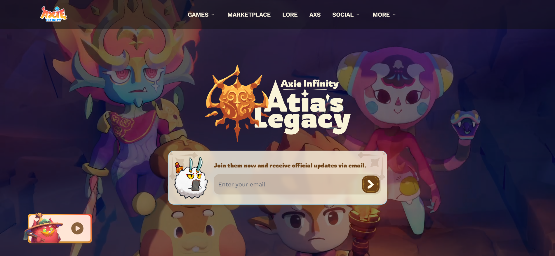 Página inicial do site oficial do Axie Infinity que mostra o Atia's Legacy - o mais recente jogo de blockchain play-to-earn com personagens coloridas de criaturas NFT.