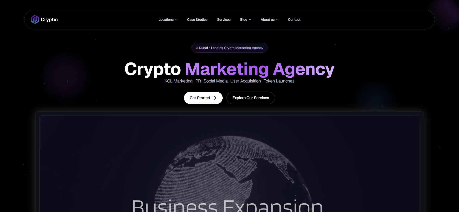A página inicial da Cryptic apresenta a "Crypto Marketing Agency" com serviços de marketing KOL, PR, redes sociais, aquisição de utilizadores e lançamento de tokens - uma das principais agências de marketing de criptomoedas com sede no Dubai, servindo projectos Web3 e blockchain a nível mundial.