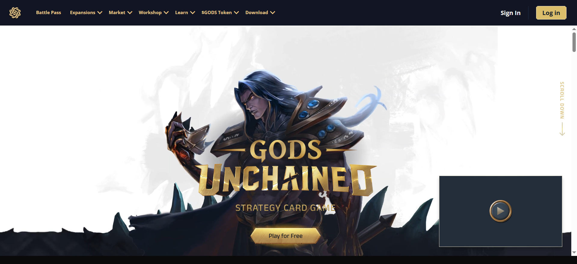 Site oficial do Gods Unchained - jogo de cartas de estratégia NFT gratuito com o botão CTA "Jogar de graça" sobre um fundo de herói de fantasia negra.