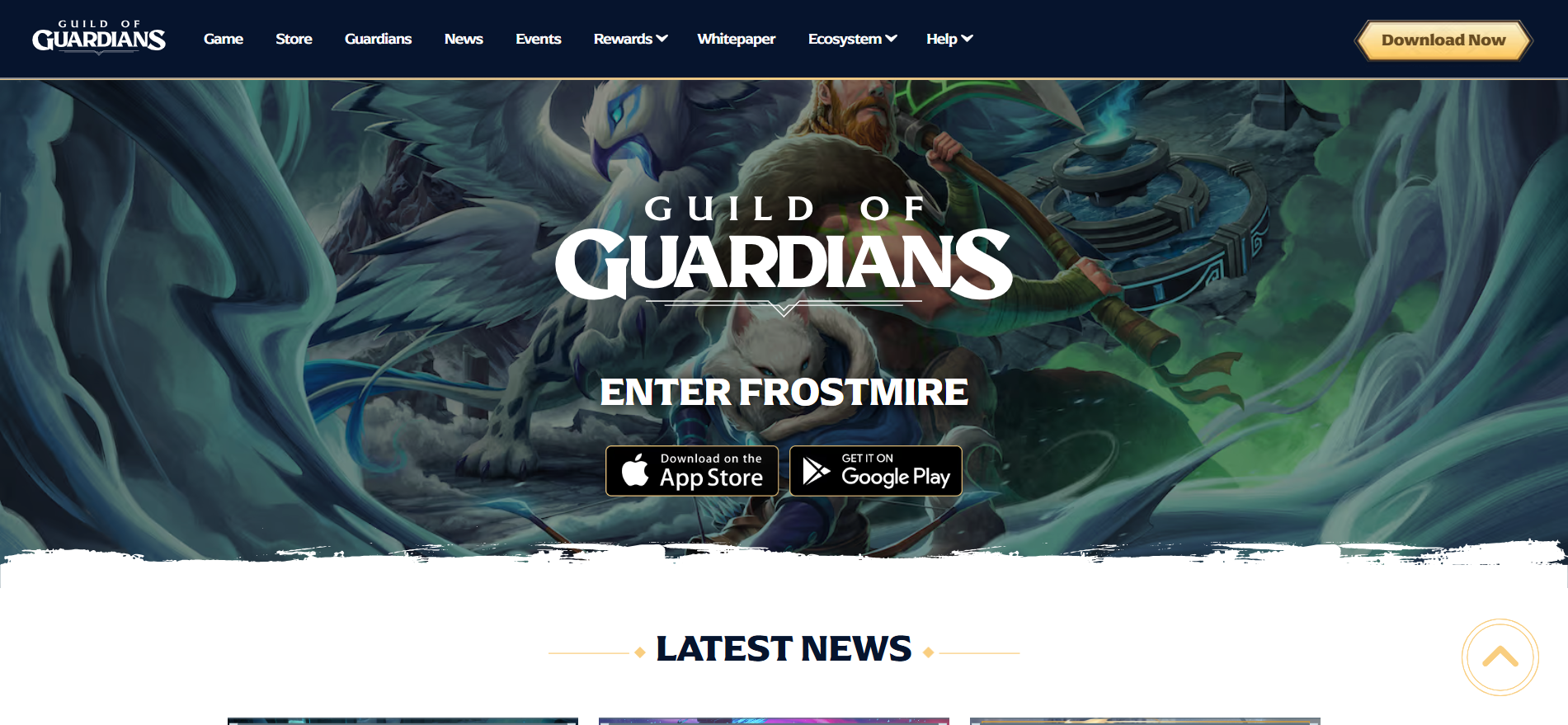 Página oficial de Guild of Guardians que mostra a campanha Enter Frostmire com botões de transferência da App Store para iOS e do Google Play para o RPG P2E móvel.