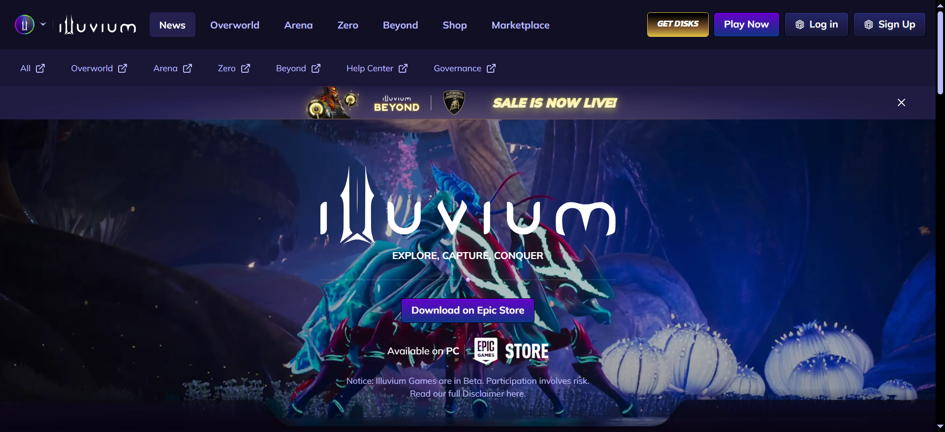 Página inicial do site oficial do Illuvium com o botão Transferir na Epic Store, o banner da parceria Lamborghini Beyond e o slogan Explorar Capturar Conquistar para o RPG AAA de blockchain.
