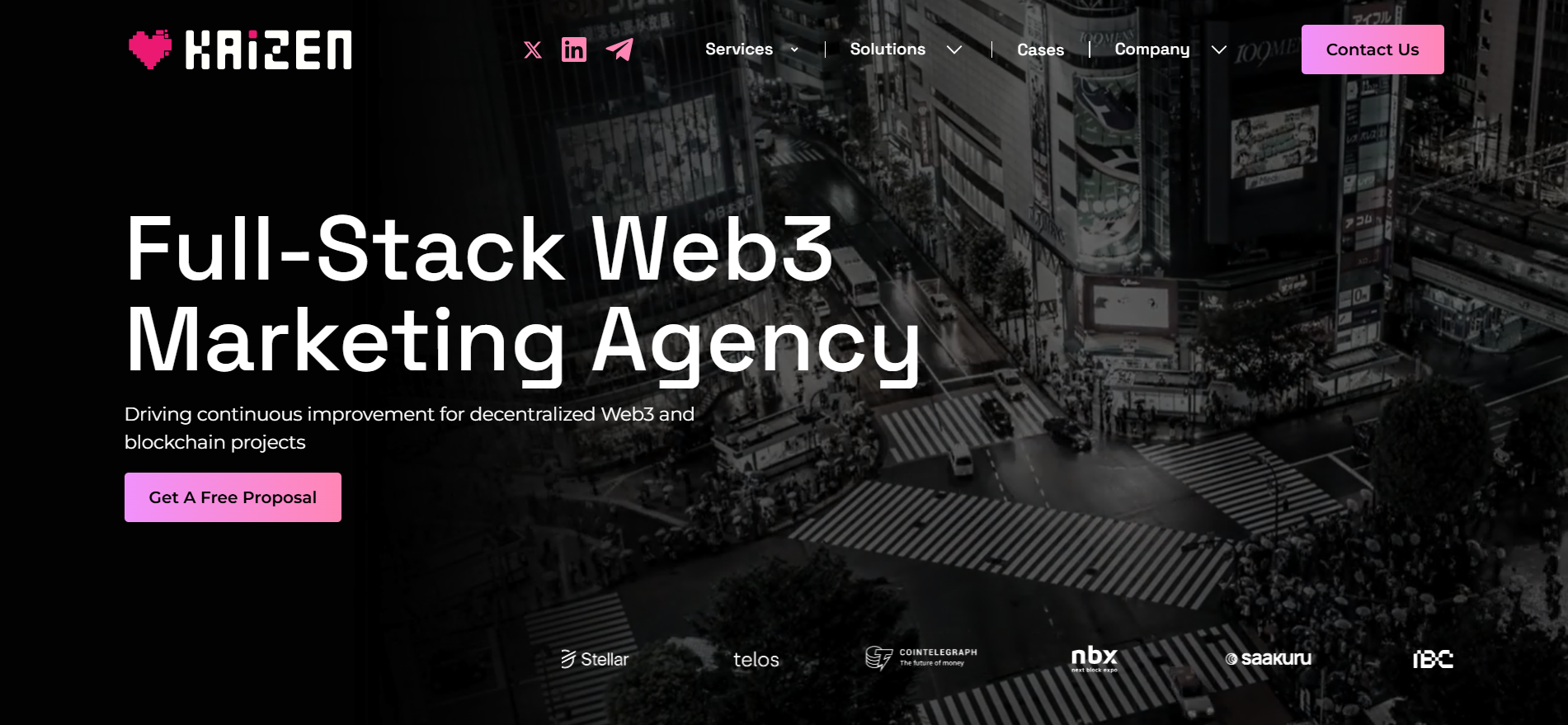 A página inicial da LuvKaizen mostra a "Full-Stack Web3 Marketing Agency" - uma agência de marketing de criptografia de topo que impulsiona a melhoria contínua de projectos de blockchain descentralizados, com clientes como a Stellar e a Telos.