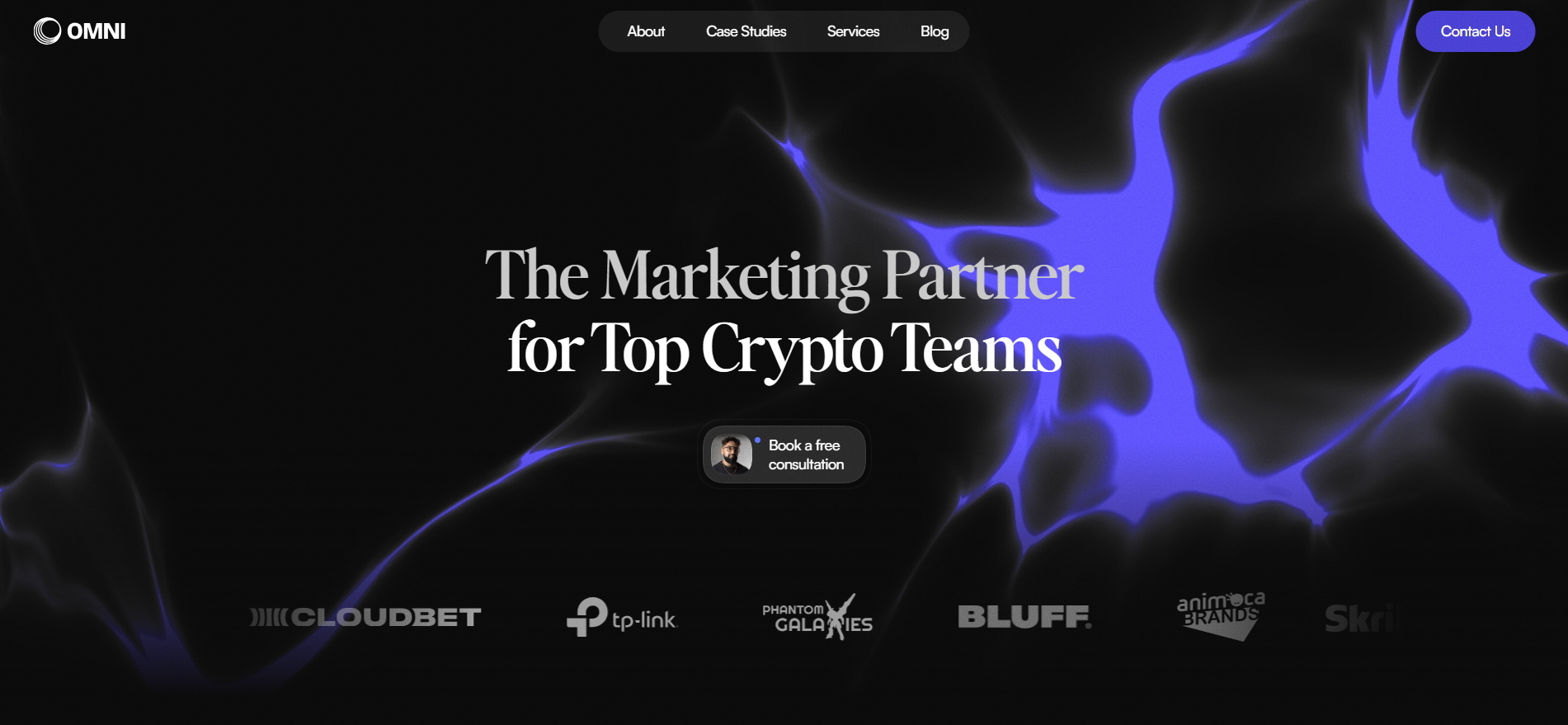 A página inicial da OMNI Agency mostra "The Marketing Partner for Top Crypto Teams" - uma agência de marketing de criptografia Web3 especializada no crescimento da comunidade, lançamentos de tokens e aquisição de utilizadores, com clientes como Cloudbet, TP-Link, Phantom Galaxies e Bluff.