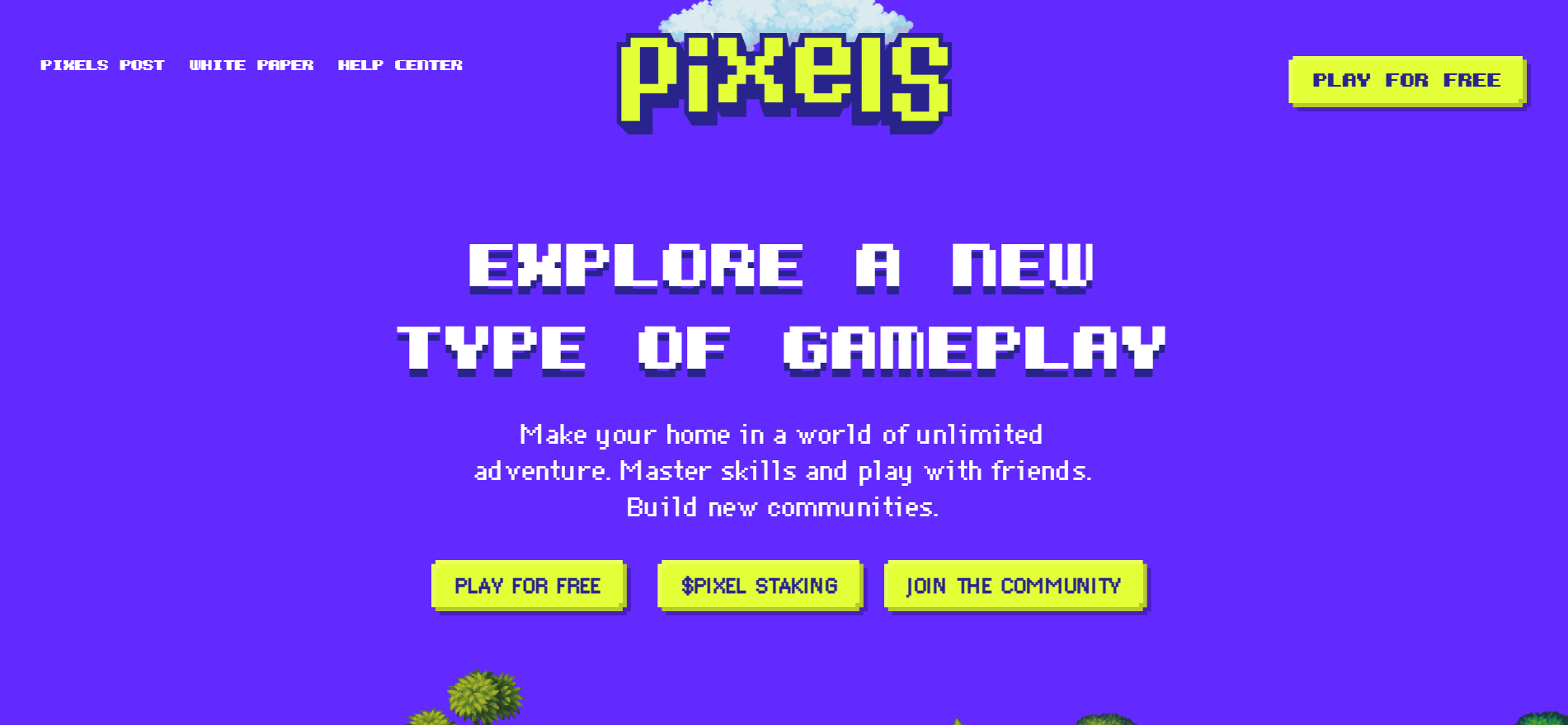 Página oficial do jogo de criptomoedas Pixels com Jogar de Graça, $PIXEL Staking e Junta-te aos CTAs da Comunidade - jogo de blockchain de agricultura grátis para jogar no Ronin.