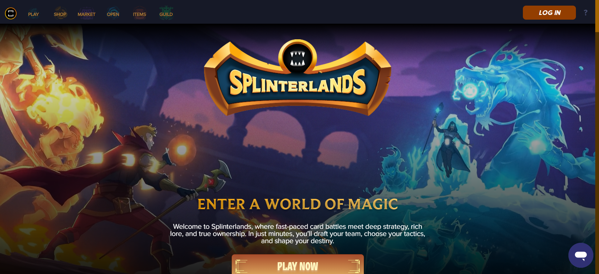 Site oficial de Splinterlands - Entra num banner de herói do World of Magic para o jogo de cartas criptográficas P2E com o botão Jogar Agora.