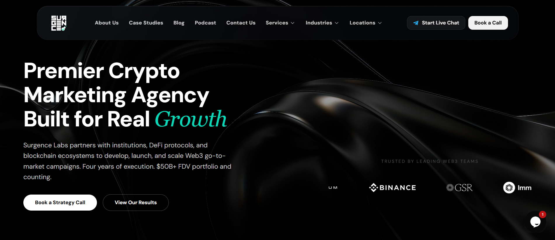Página inicial da Surgence Labs com a "Premier Crypto Marketing Agency Built for Real Growth" - uma agência de marketing de criptografia Web3 de topo com um portefólio FDV de mais de 50 mil milhões de dólares e clientes institucionais, incluindo a Binance.