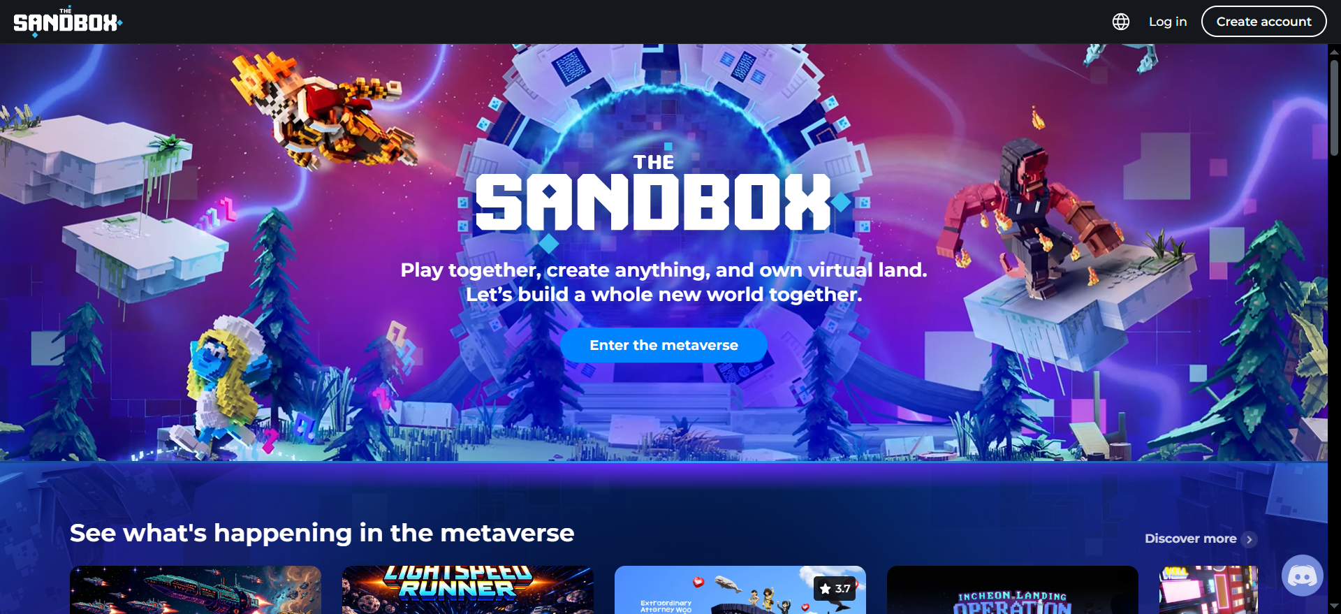 A página inicial oficial do metaverso do jogo Sandbox NFT com o CTA Enter the Metaverse - mostra o mundo voxel com terrenos virtuais propriedade dos jogadores.