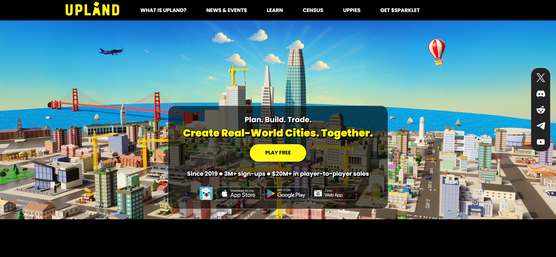 Página inicial do jogo imobiliário Upland mobile NFT - Create Real-World Cities Together com 3 milhões de inscrições, disponível na App Store, Google Play e Web App.