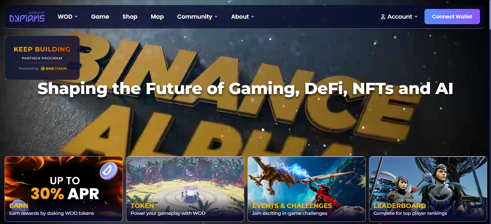 World of Dypians blockchain MMORPG official website - Shaping the Future of Gaming DeFi NFTs and AI, featuring WOD token staking at 30% APR on BNB Chain.