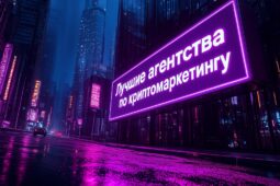 Неоновый билборд с надписью 'Лучшие агентства по криптомаркетингу' на фоне футуристического города — визуализация рейтинга агентств для продвижения блокчейн- и Web3-проектов в 2025 году.