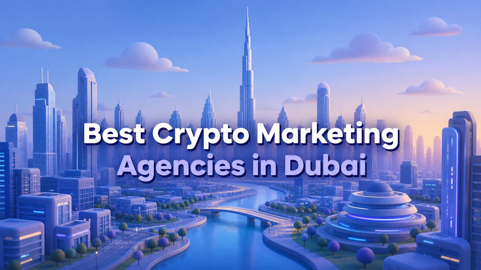 Illustration of the Dubai skyline with the Burj Khalifa, representing the top crypto marketing agencies in Dubai.