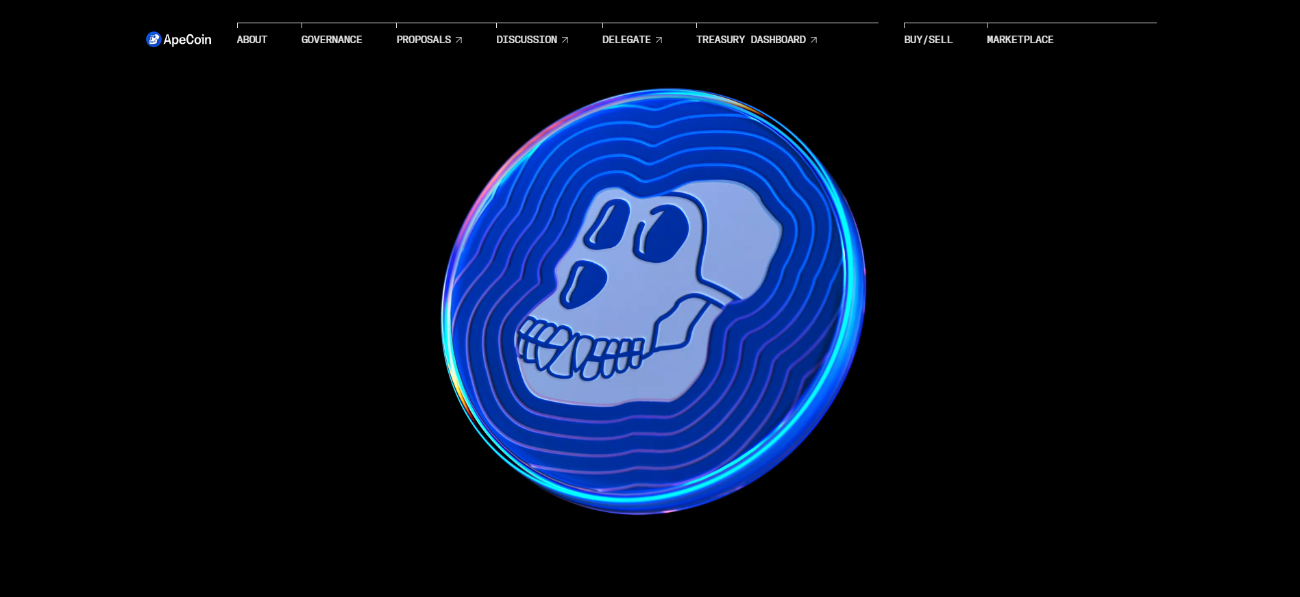 ApeCoin homepage with BAYC ecosystem governance, a leading choice for the memecoin investment.