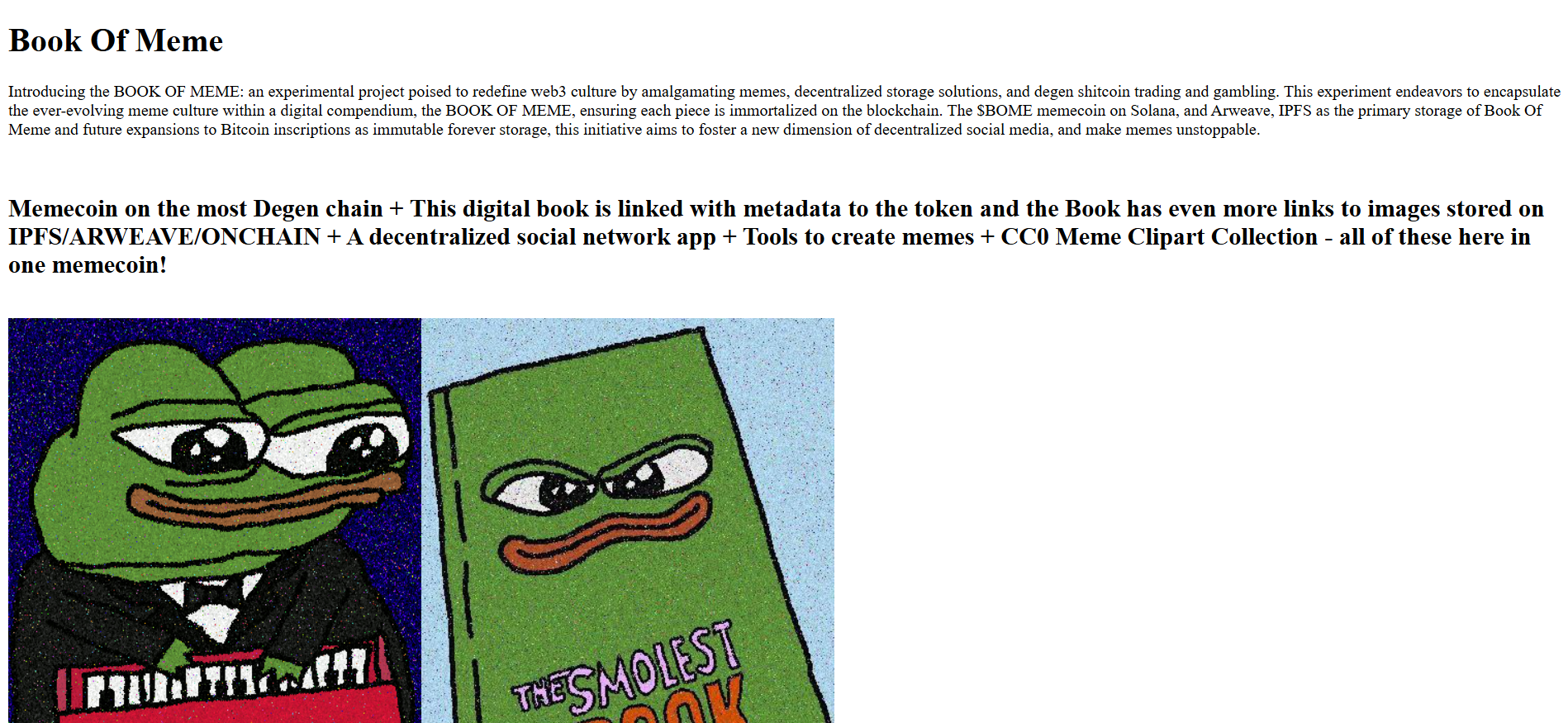 BOOK OF MEME homepage promoting immutable meme storage on Solana, the best cheap crypto to buy now for cultural impact.