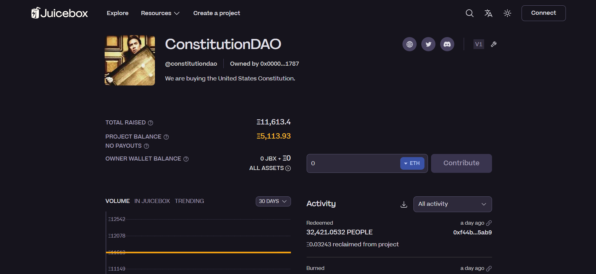ConstitutionDAO homepage detailing its historical DAO mission, a unique pick