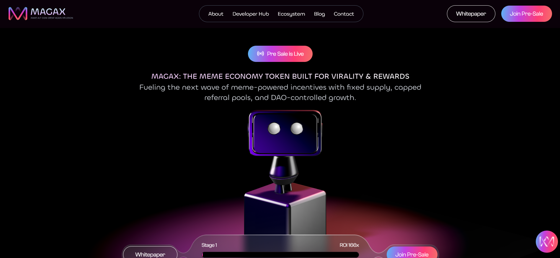 Homepage screenshot of MAGAX, a top crypto presale and best crypto presale project, showcasing its meme economy focus with a vibrant pre-sale banner, a futuristic robot figure, and tagline promoting virality, fixed supply, referral rewards, and DAO-controlled growth.