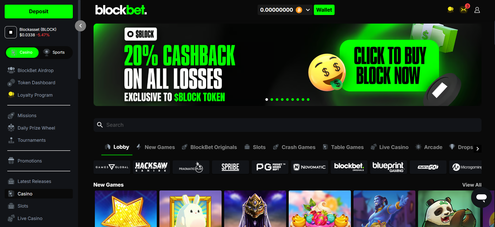 La página de inicio de BlockBet muestra las apuestas deportivas y el casino con la integración del ecosistema Blockasset NFT