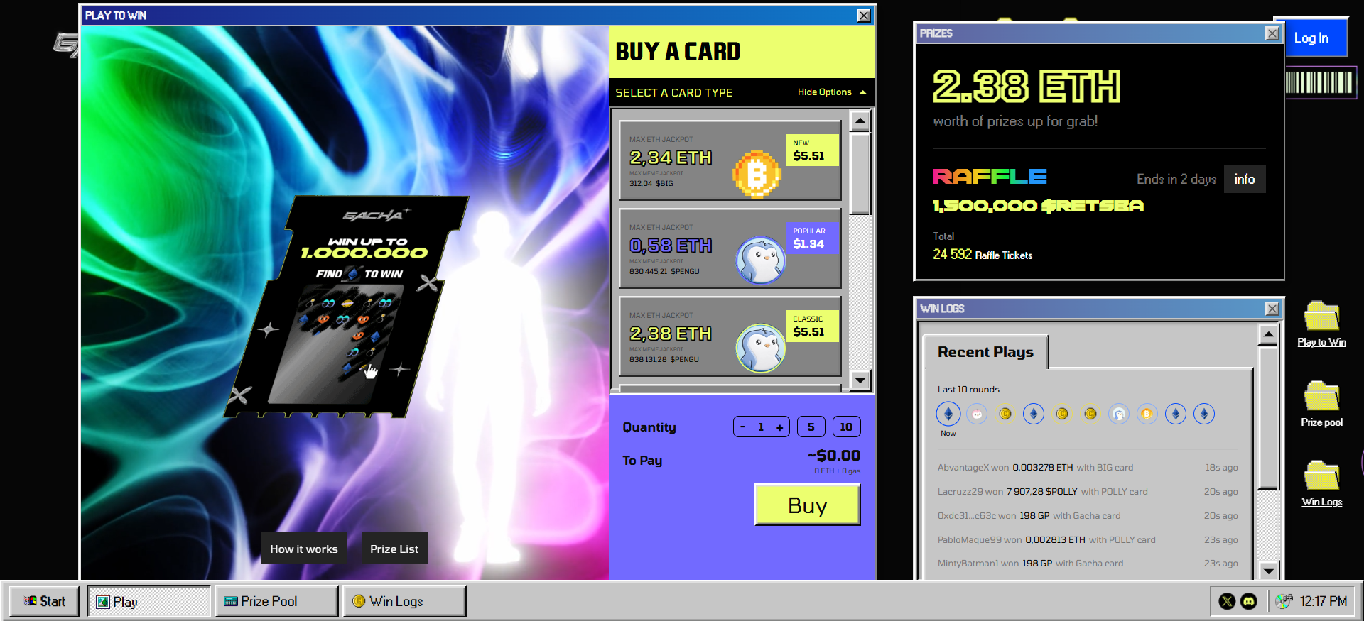 Página de inicio de Gacha con un vibrante diseño de lotería rasca y gana en la red blockchain Abstract