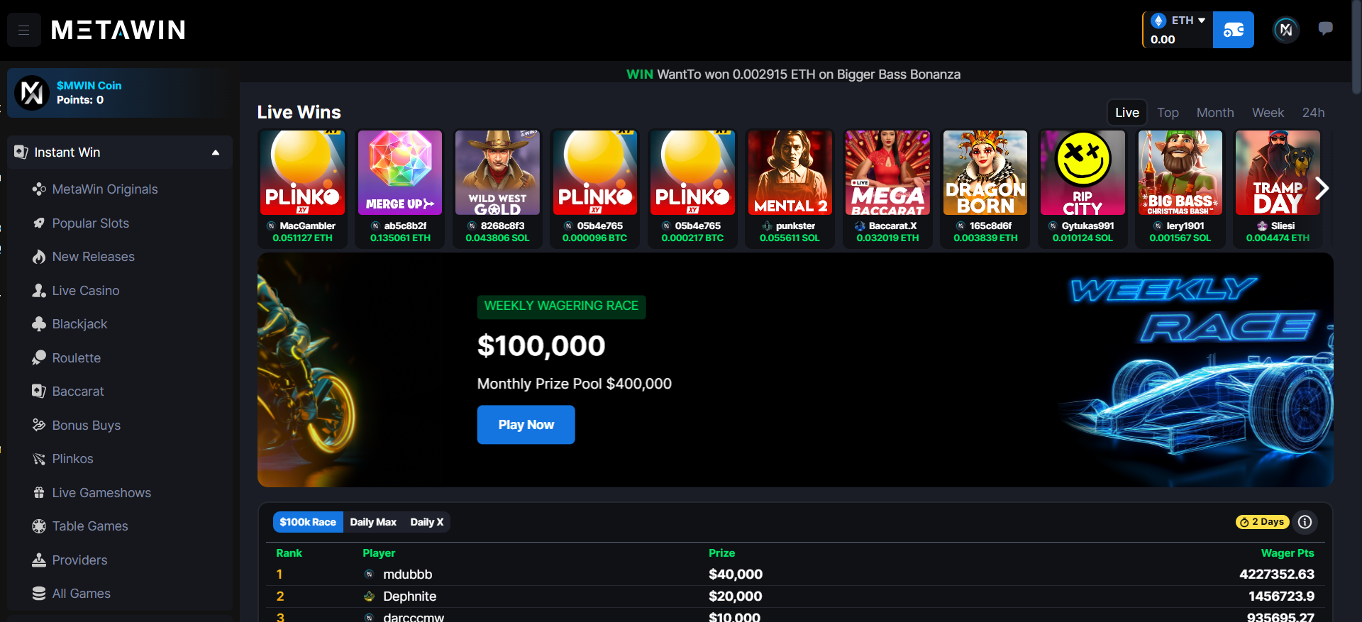 Página principal de Metawin con diseño clásico de casino, más de 4.000 juegos y la colección NFT de Metawinners