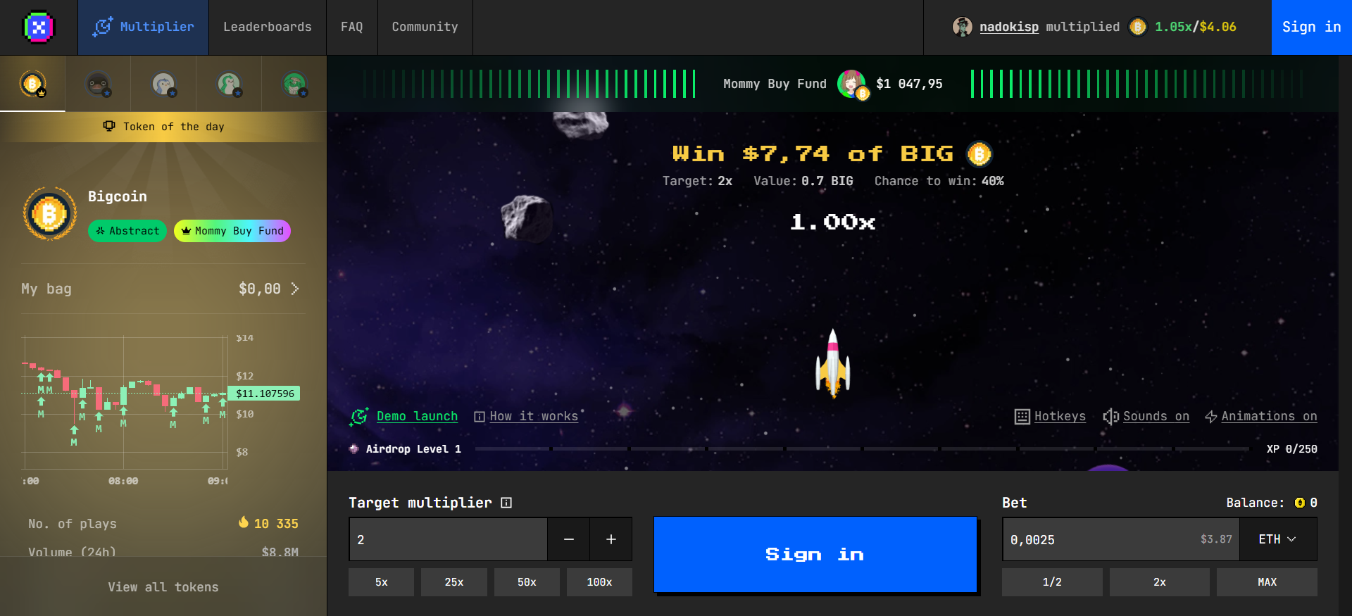 Página de inicio de Multiplicador con interfaz de juego de choque con recompensas de memecoin en blockchain Abstracto
