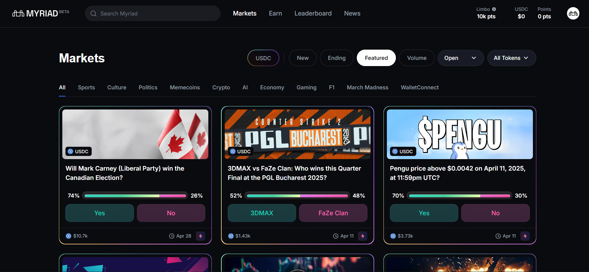 La página principal de Myriad muestra un mercado de predicción descentralizado con apuestas USDC en la red Abstract
