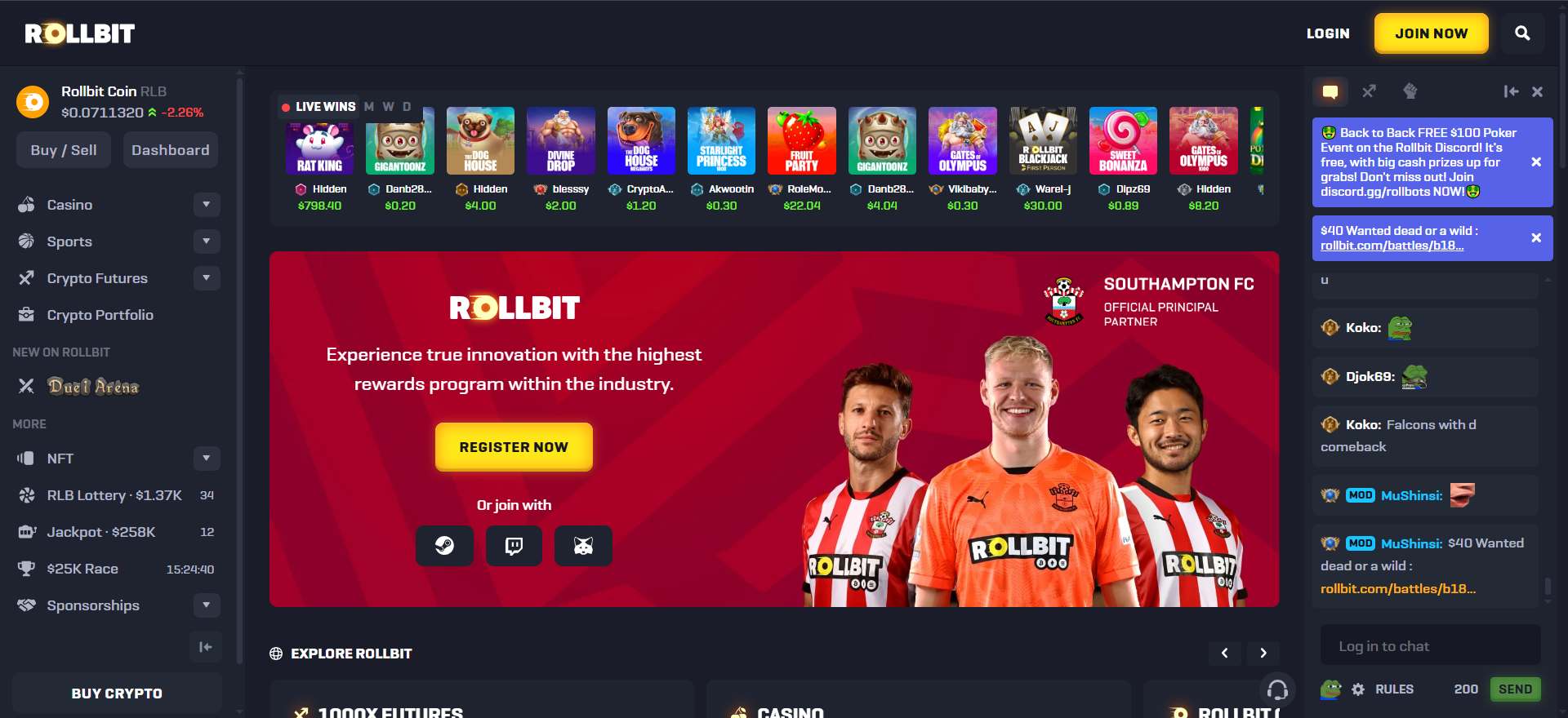 La página de inicio de Rollbit muestra cripto casino, apuestas deportivas y NFT con opciones de Ethereum y Bitcoin
