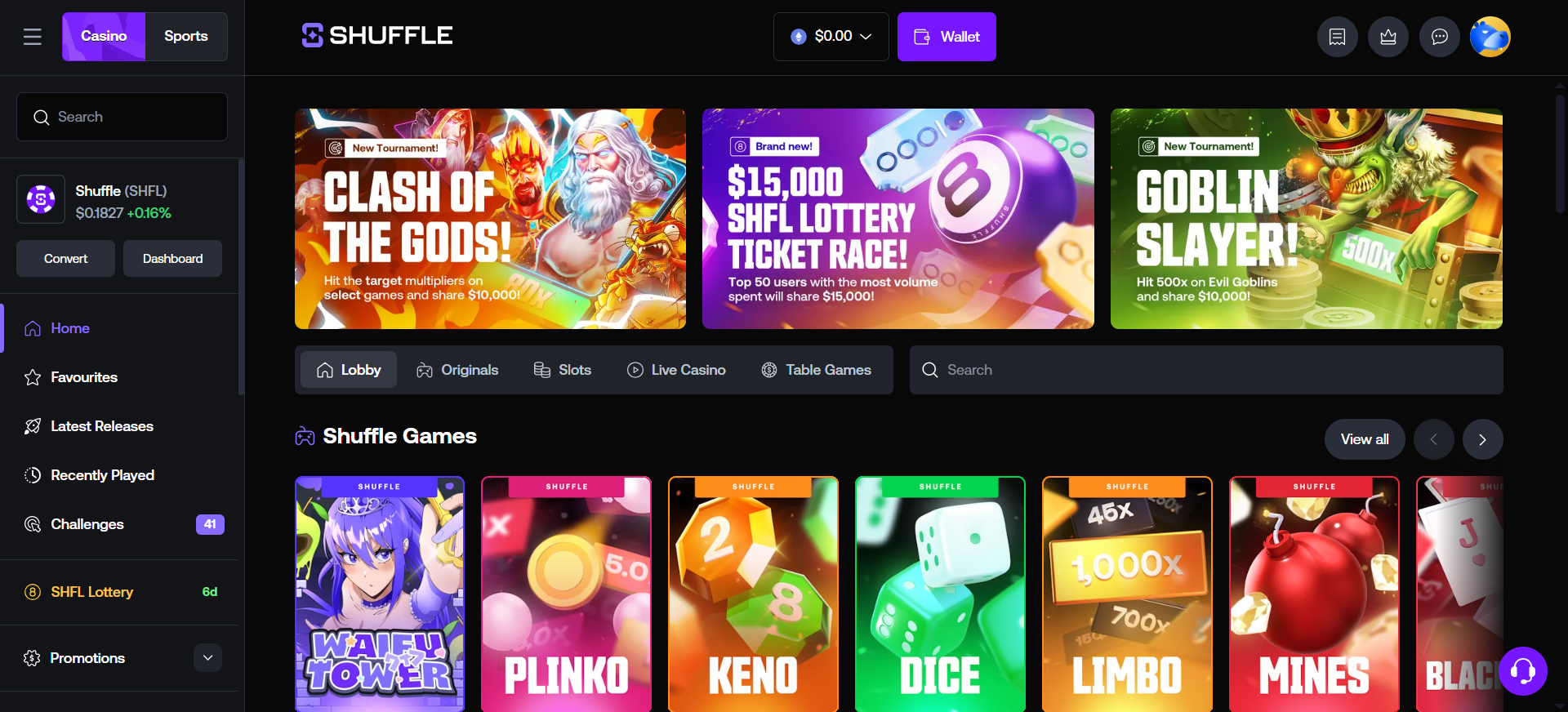 Página principal del casino Shuffle con tragaperras, juegos en vivo y apuestas deportivas, compatible con Ethereum y Solana