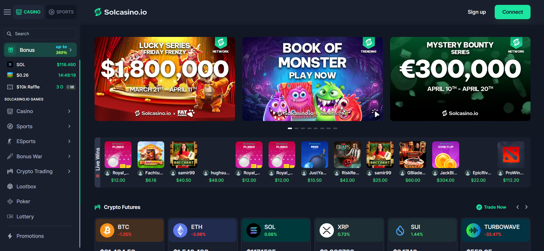 Página principal de Solcasino con más de 4.000 juegos, apuestas deportivas y póquer con soporte para Ethereum y Polygon