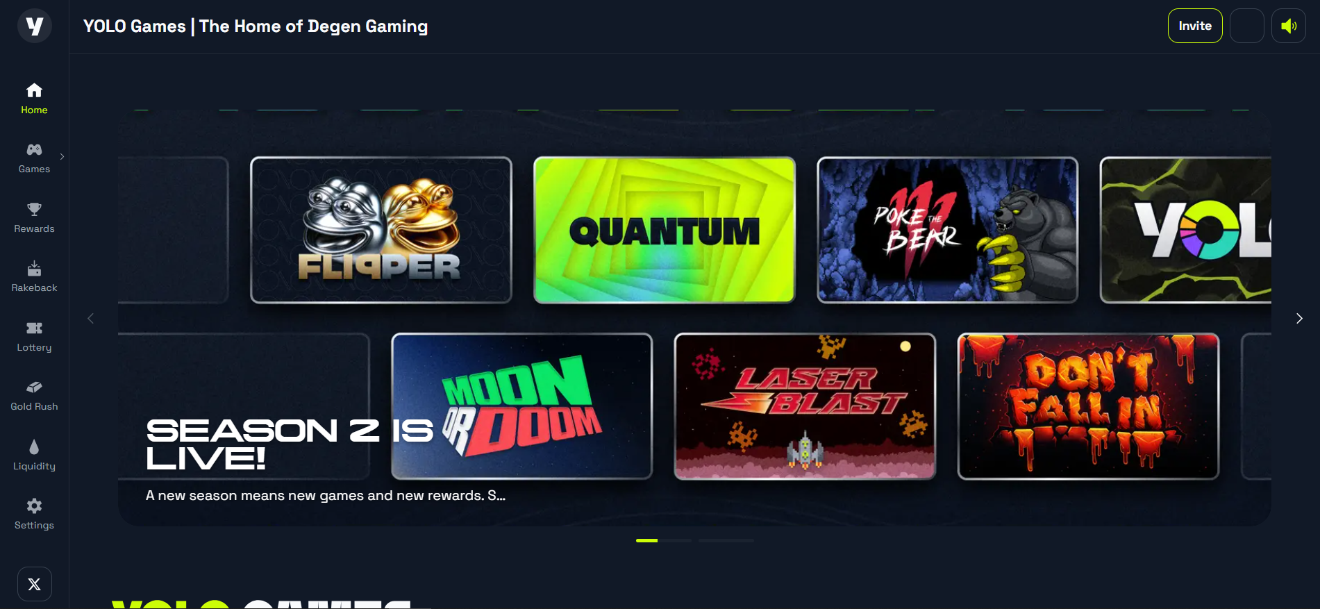 La página principal de YOLO Games destaca el casino multijugador y la lotería en la cadena Blast con una interfaz limpia