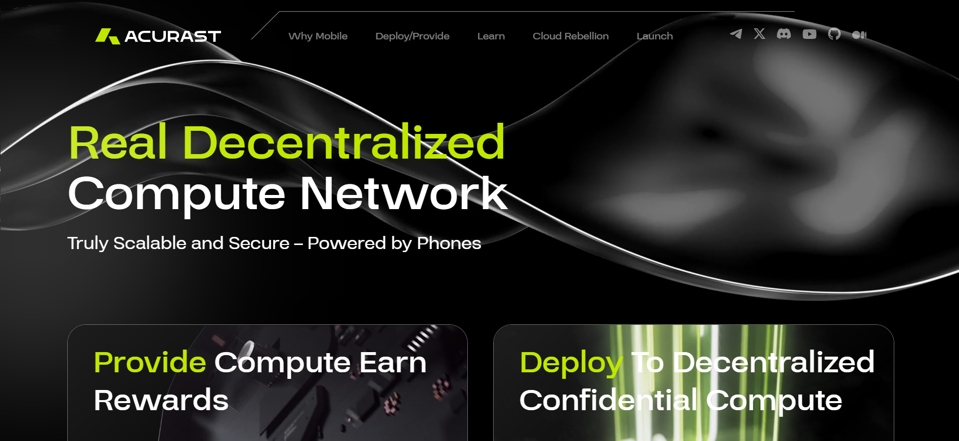 Acurast homepage illustrating smartphone-powered node network, Trusted Execution Environment diagram, and CoinList presale banner best ai crypto presale