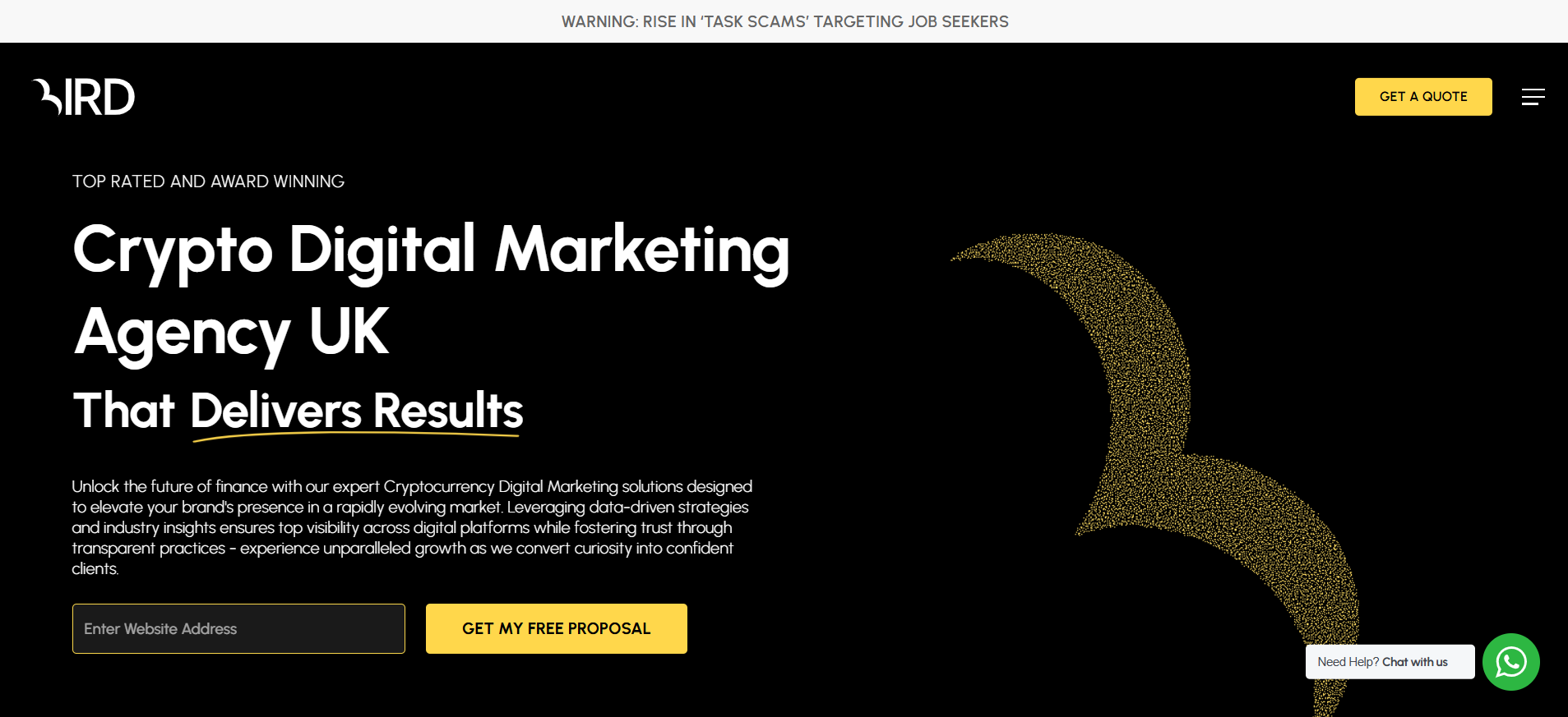 Bird Marketing homepage featuring multi-award digital marketing excellence, crypto strategy services, and global presence - best marketing agency for crypto projects targeting mainstream audiences
