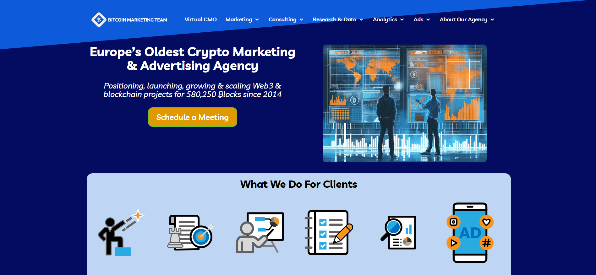 Bitcoin Marketing Team website displaying veteran crypto marketing, data-driven growth strategies, and 11+ years experience providing the best marketing for crypto projects