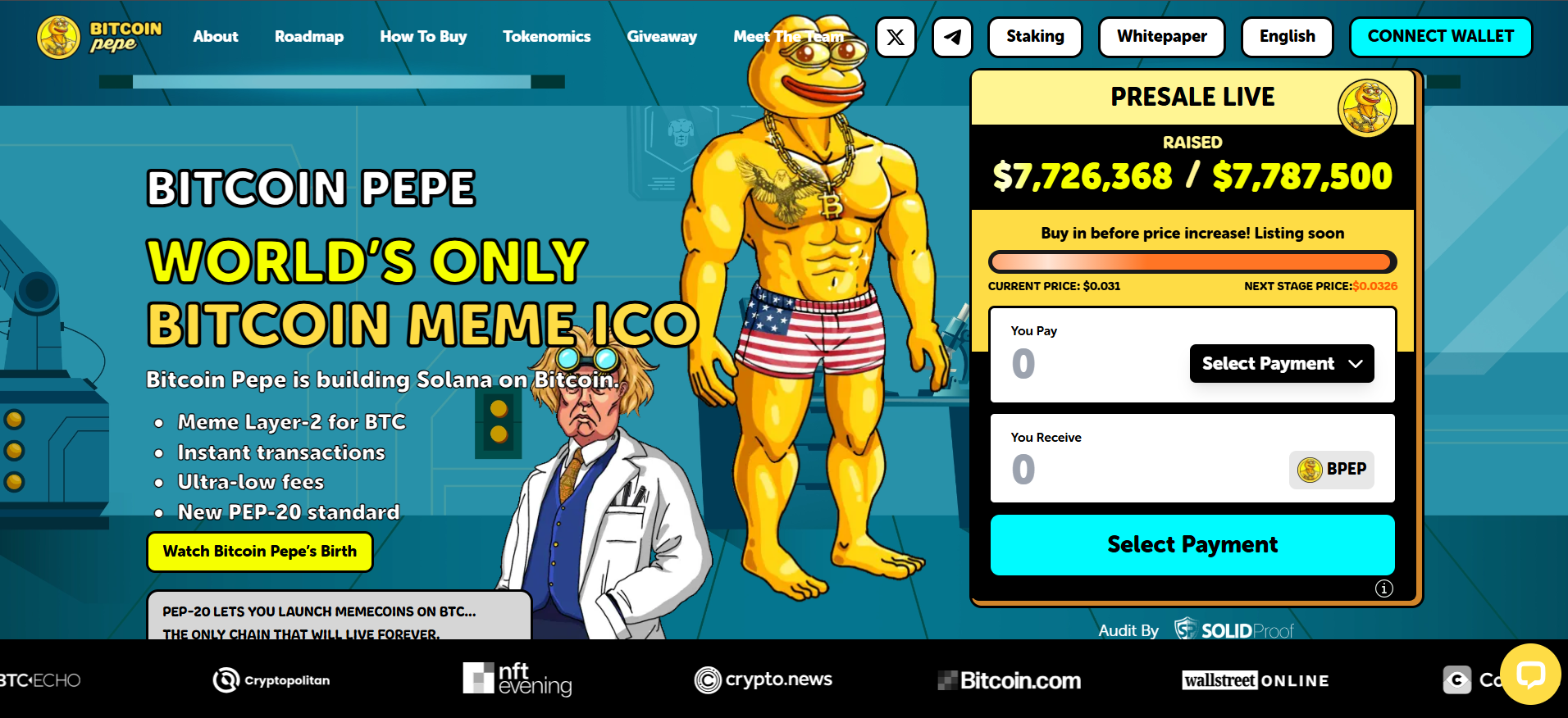 Bitcoin Pepe homepage meets Bitcoin with innovative Meme Layer-2 technology new meme coins on presale