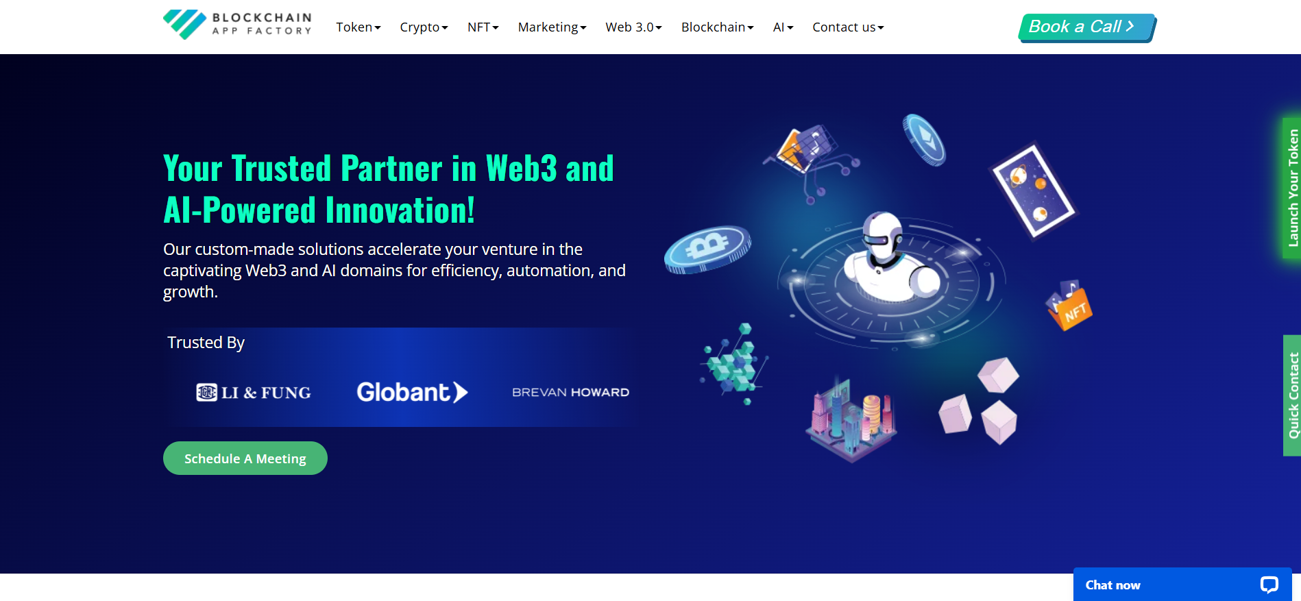 Blockchain App Factory homepage featuring full-stack blockchain development, comprehensive marketing services, and global scale as complete best crypto marketing agency in Germany