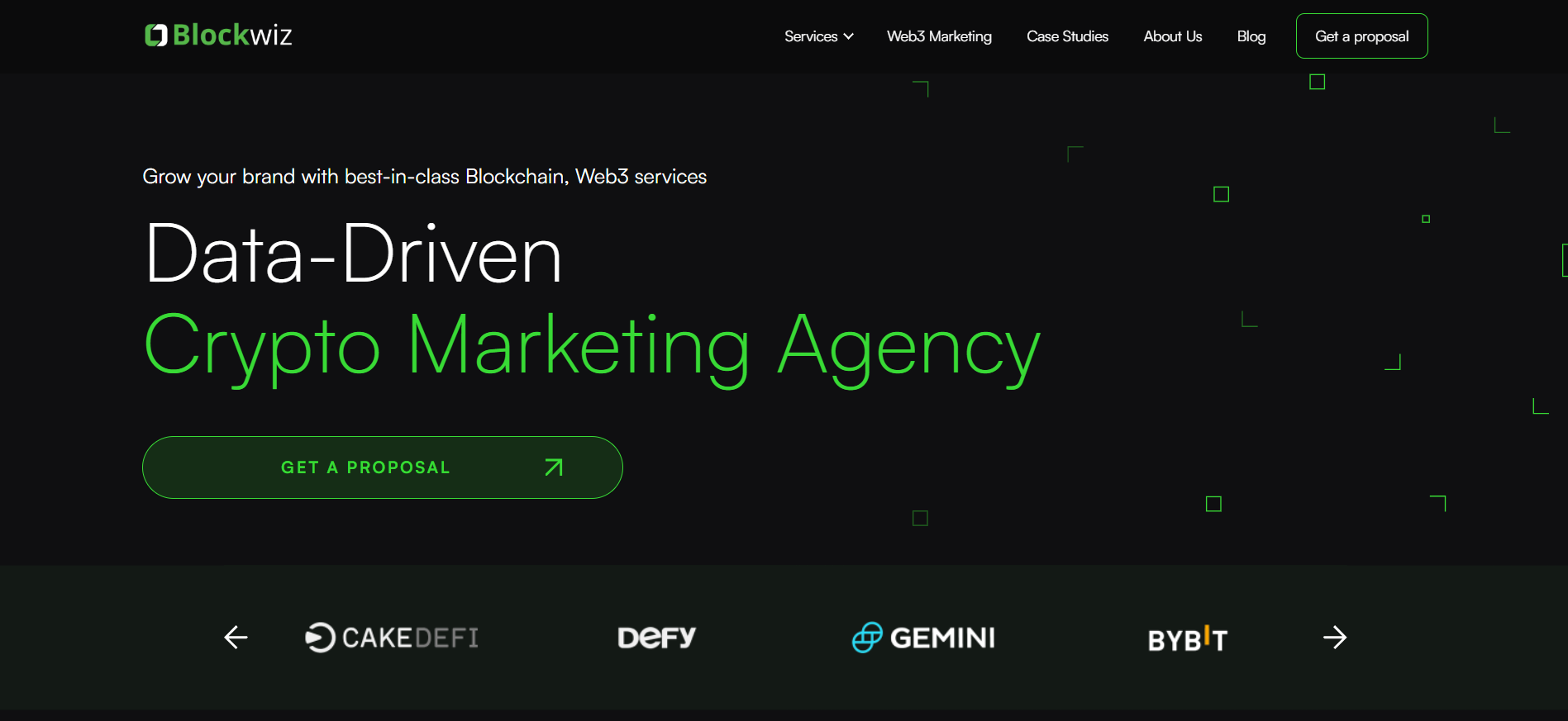 Blockwiz website featuring ROI-driven marketing services and community management tools for crypto projects, representing a top marketing agency for crypto