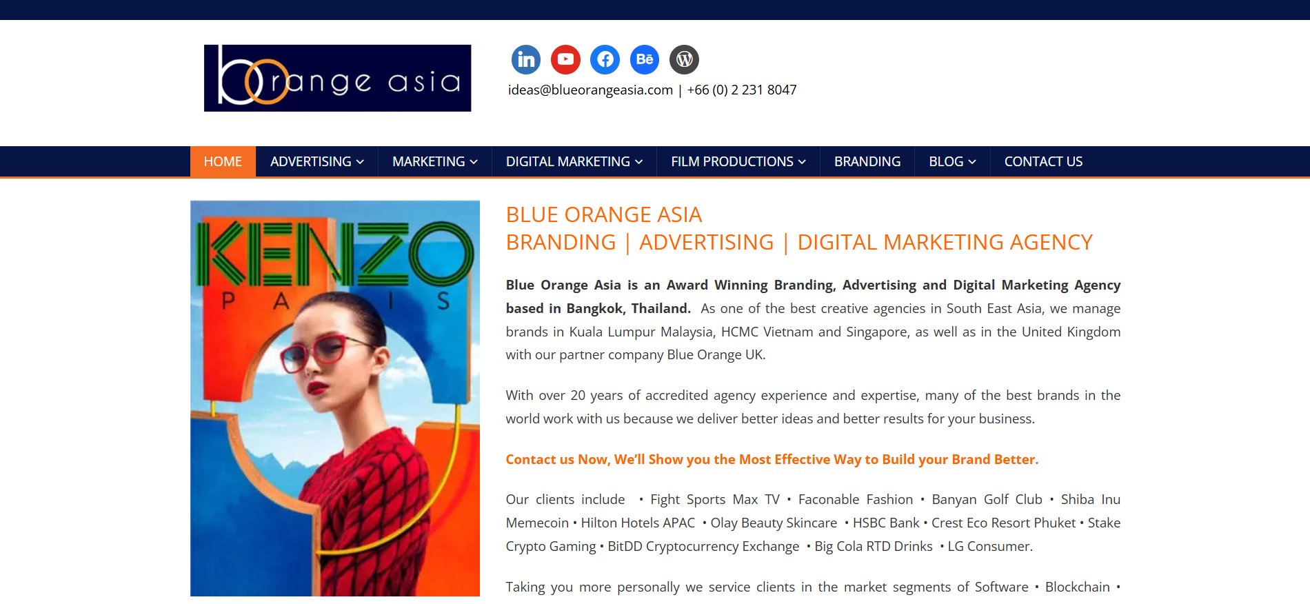 Blue Orange Asia website featuring APAC-focused cryptocurrency exchange marketing services and creative blockchain campaigns across Asian markets