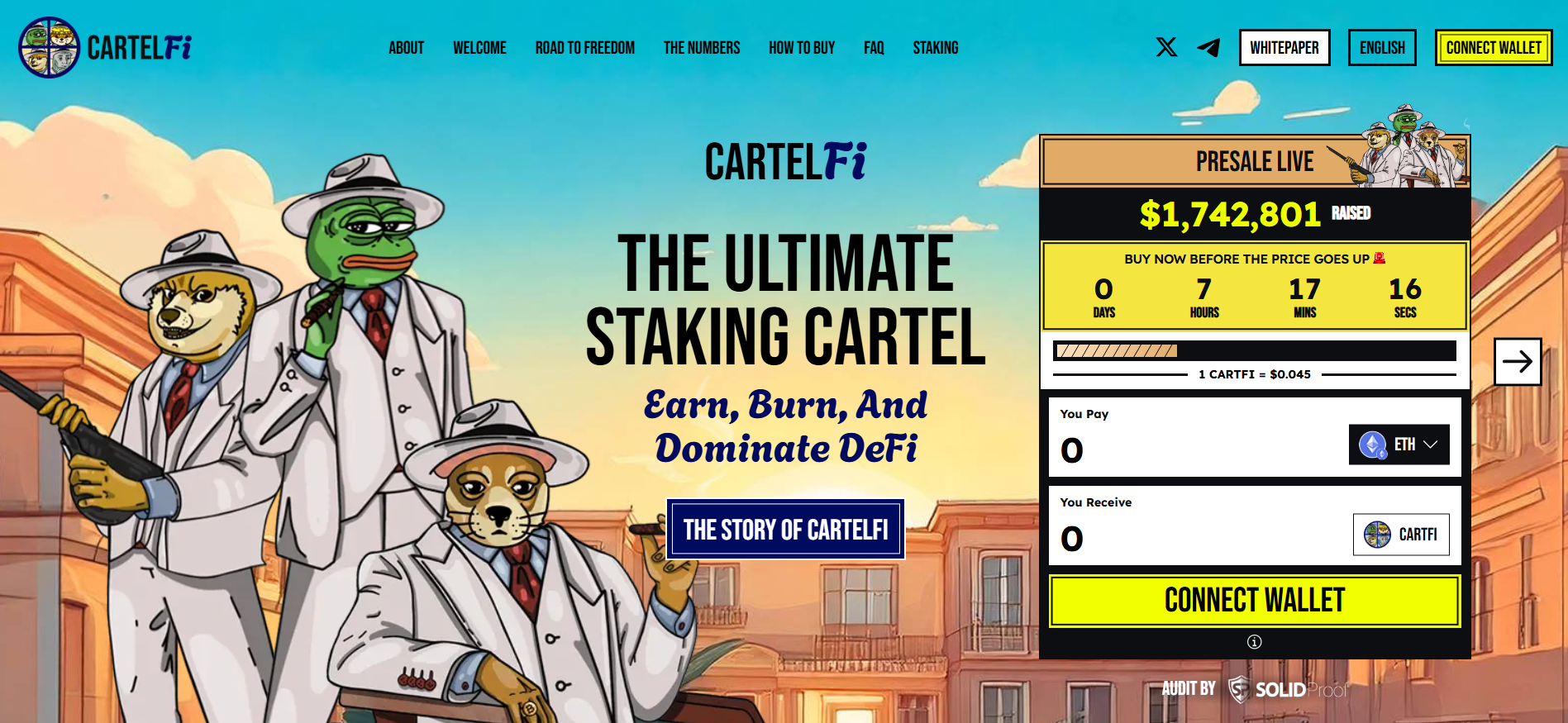 new meme coins presale of the rebel CartelFi homepage vibes with yield farming on Solana