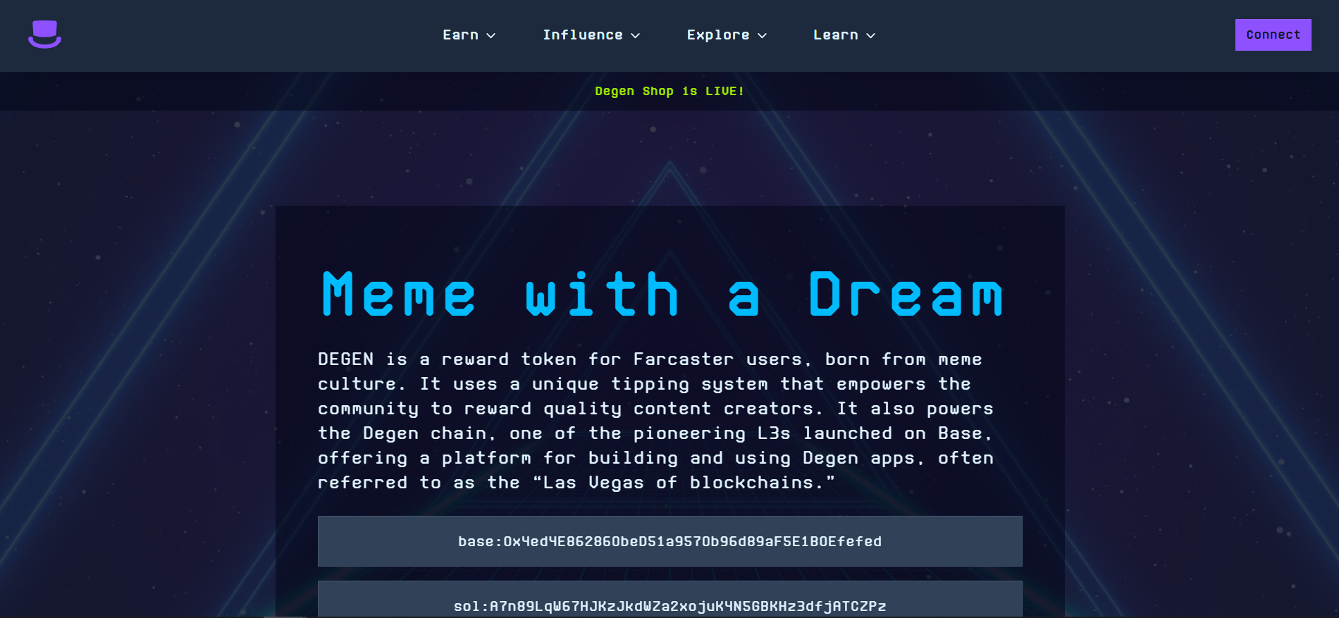 Degen homepage - social media reward token, among the meme coins that will explode today