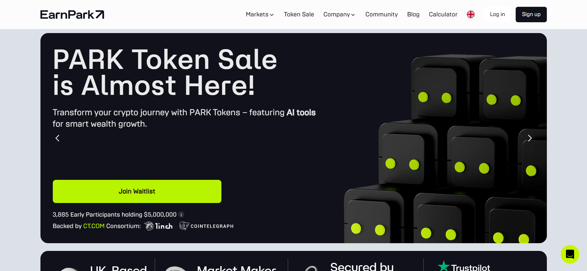 EarnPark landing page with AI-driven yield strategy overview, APY rates calculator, and Park token tiered sale details new ai crypto presale