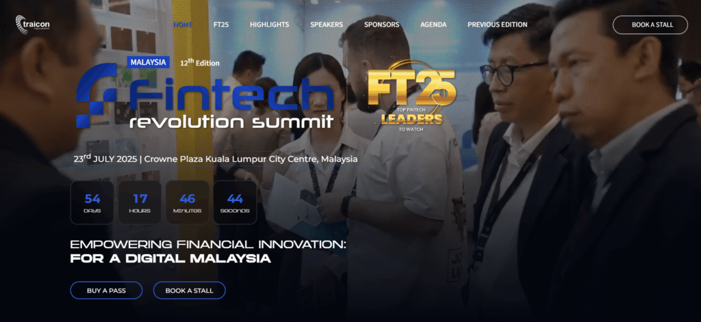 Malaysia fintech conference homepage showcasing blockchain infrastructure themes, Kuala Lumpur venue, July 23 date, and government partnerships establishing it as best local crypto events for Southeast Asian expansion