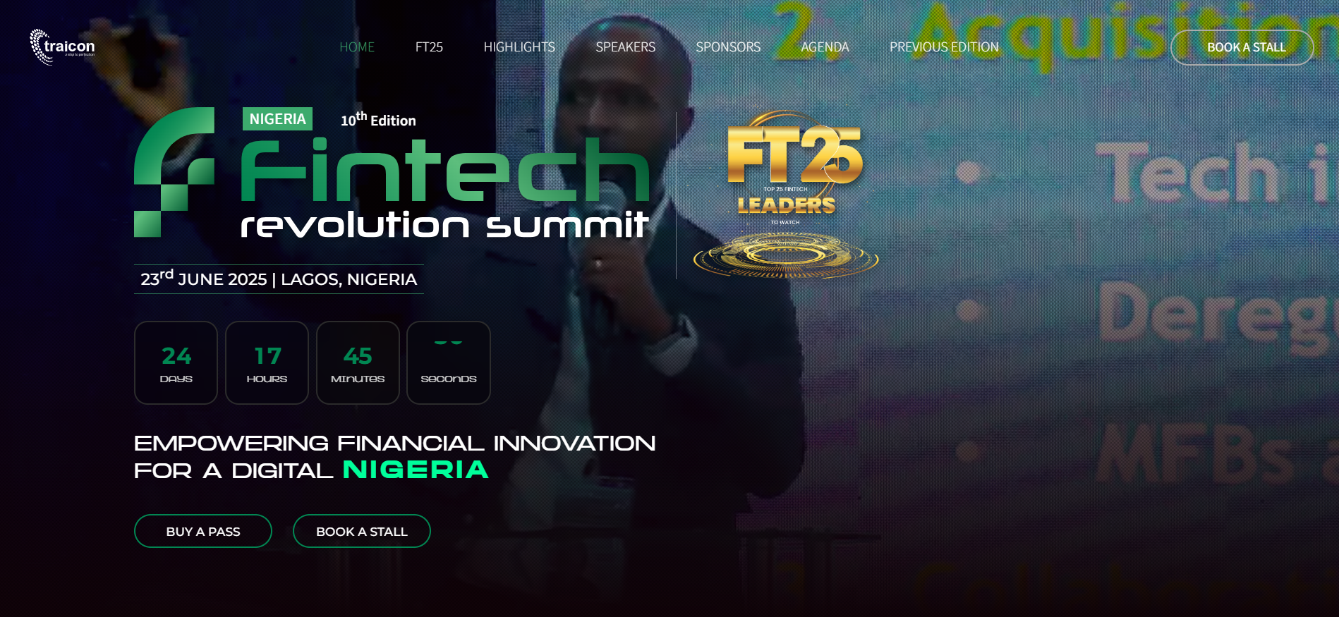 Fintech Revolution Summit Nigeria homepage displaying blockchain innovation focus, Lagos venue details, June 23 date, and speaker lineup representing best local crypto events in Africa's leading fintech market