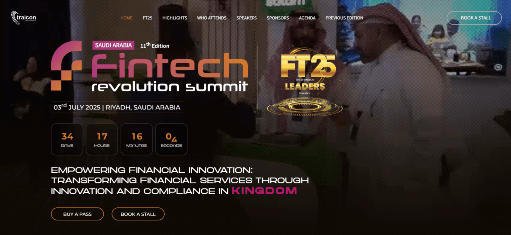 Saudi Arabia fintech summit homepage featuring Vision 2030 alignment, Jeddah location, July 3 scheduling, and regulatory focus making it among best small crypto events for Middle East market entry