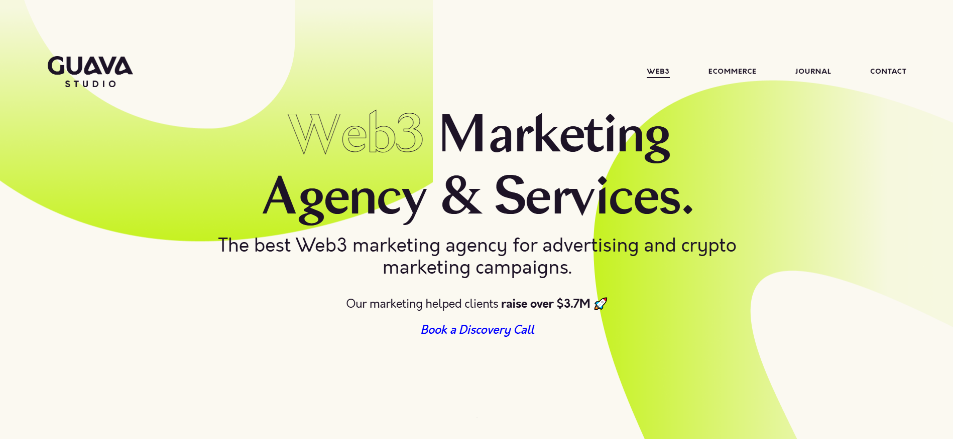 Guava Studio homepage featuring Web3 growth strategies, $4M client fundraising results, and performance marketing - best marketing agency in UK for data-driven blockchain growth