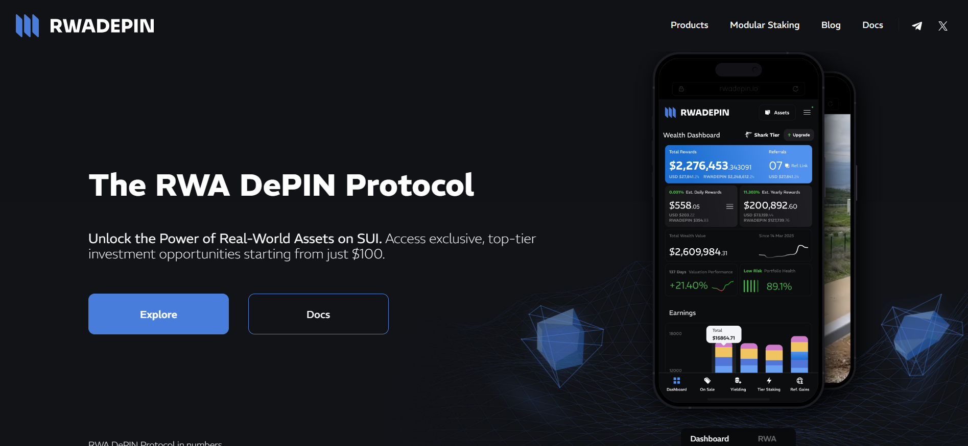 Hydro RWA DePIN page displaying tokenization of real-world infrastructure graphics and Sui/Ethereum dual-chain icons ai crypto presale